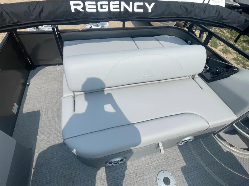 Slide: The Image of 2024 Regency 250 DL3 boat with gray seating and black railing. - 10