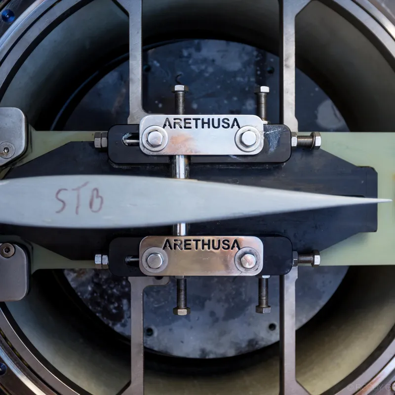 Slide: The Image of Close-up of a mechanical component labeled "ARETHUSA" on a Gunboat 60, 2015 model. - 30