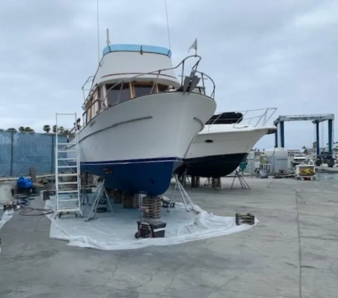 Slide: The Image of 1977 CHB 34 Double Cabin boat on dry dock for maintenance. - 37