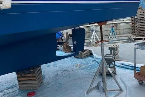 Slide: The Image of 1977 CHB 34 Double Cabin boat on dry dock for maintenance. - 38
