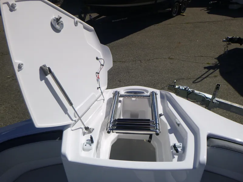 Slide: The Image of 2024 Yamaha Boats AR250 bow storage compartment with ladder. - 32