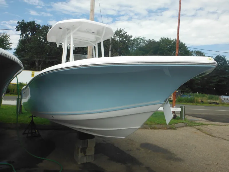Slide: The Image of 2024 Tidewater 220 LXF boat on display, light blue hull, white top. - 4