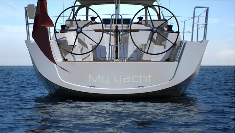 Slide: The Image of 2024 X-Yachts X4-0 yacht on open water, rear view with dual steering wheels. - 25