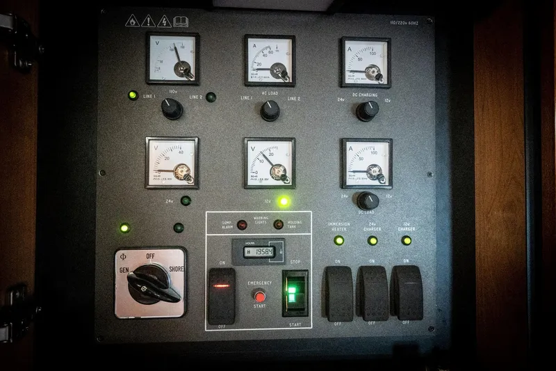 Slide: The Image of Control panel of a 1998 Sunseeker Predator 63 yacht with gauges and switches. - 29