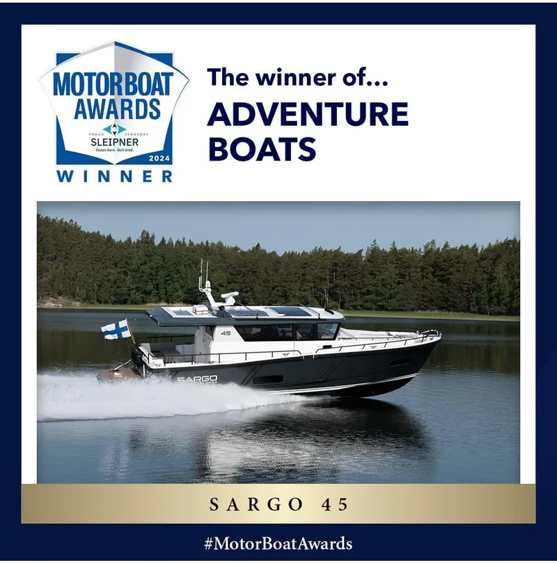 The Image of Sargo 45 Cat A 2026 motorboat cruising on a calm lake with Finnish flag. - 0