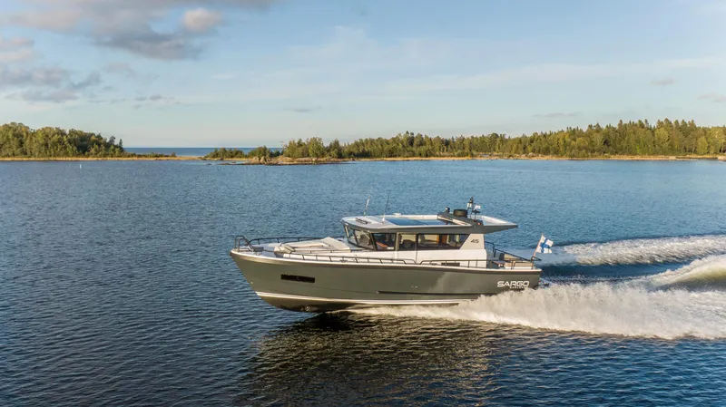 Slide: The Image of Open storage compartment on the 2025 Sargo 45 Cat A boat. - 7