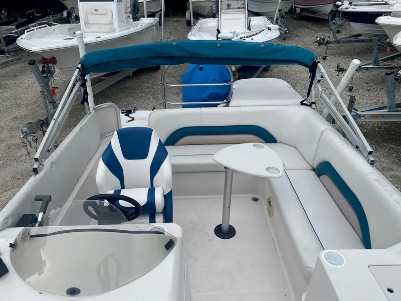 Slide: The Image of 2001 Hurricane 198R boat interior with seating, table, and steering console. - 10