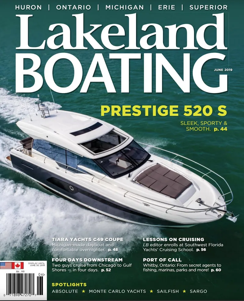 Slide: The Image of Prestige 520 S yacht on the cover of Lakeland Boating magazine, June 2019 issue. - 24