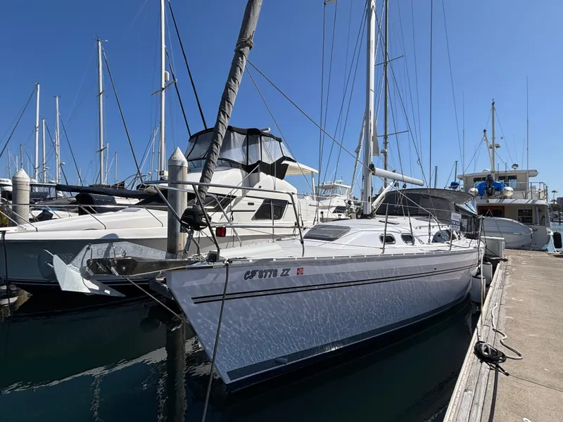 The Image of Catalina 385 sailboat docked at marina, 2019 model, clear blue sky background. - 0