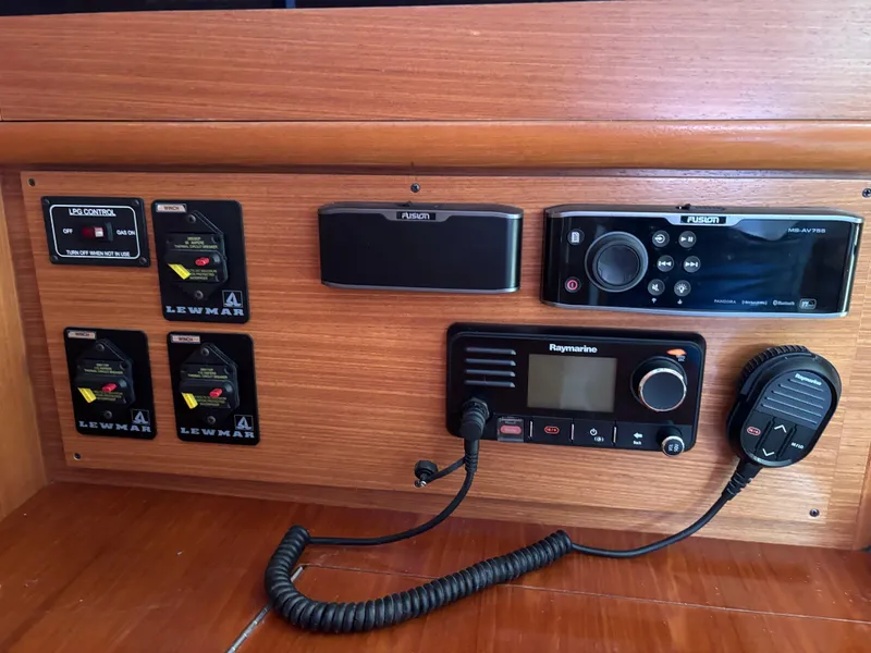 Slide: The Image of Control panel of a 2019 Catalina 385 sailboat with navigation and communication equipment. - 27