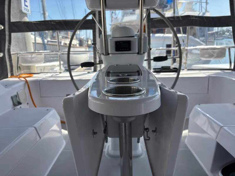 Slide: The Image of Cockpit view of a 2019 Catalina 385 sailboat with dual steering wheels. - 6
