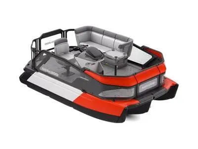 Slide: The Image of 2024 Sea-Doo Switch® Compact - 130 hp pontoon boat, red and white, rear view. - 1