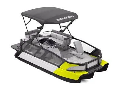 Slide: The Image of 2024 Sea-Doo Switch® Sport 18 - 230 hp Galvanized pontoon boat with canopy. - 1