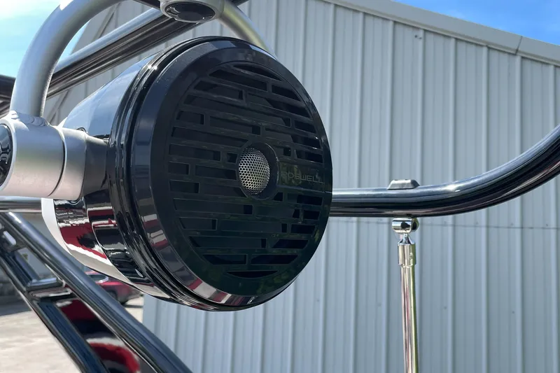 Slide: The Image of Close-up of a 2023 Berkshire 23 RFX STS boat speaker system. - 20