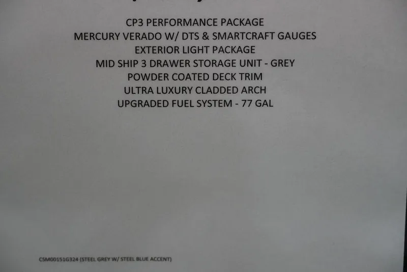 Slide: The Image of 2024 Crest Savannah 270 SLC CP3 features list including CP3 Performance Package and Mercury Verado. - 14