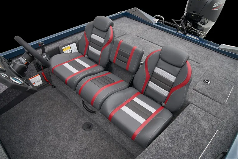 Slide: The Image of 2024 Ranger RT178C boat interior with gray and red seating, steering wheel, and carpeted flooring. - 26