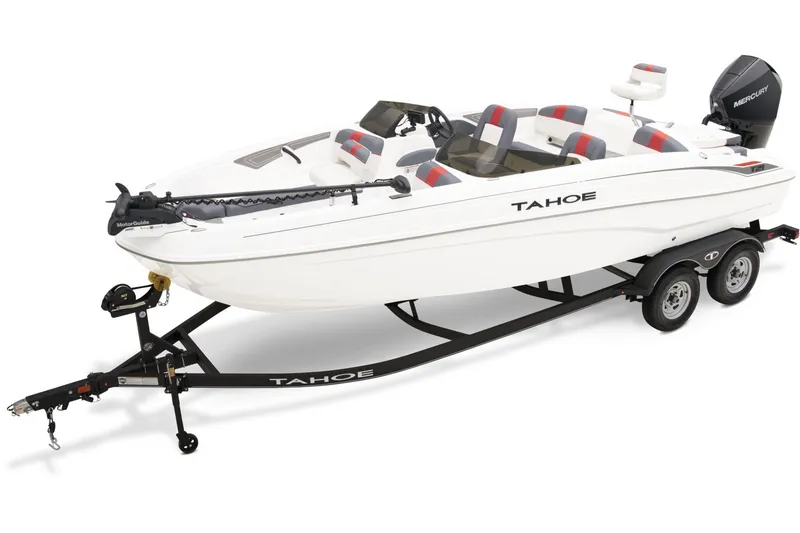 Slide: The Image of 2024 Tahoe T21 boat with canopy and outboard motor on grassy area. - 8