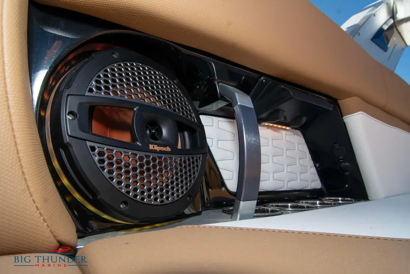 Slide: The Image of Close-up of 2023 MasterCraft X24 boat interior with Klipsch speaker. - 24