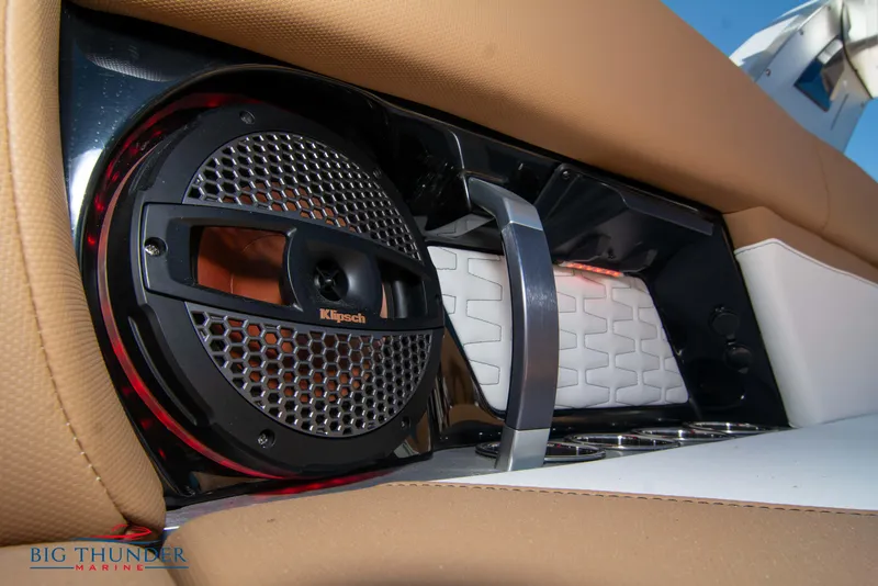 Slide: The Image of Close-up of 2023 MasterCraft X24 boat's Klipsch speaker and interior details. - 25