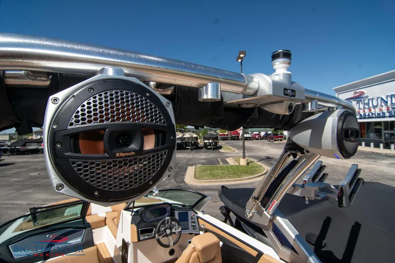 Slide: The Image of 2023 MasterCraft X24 boat with premium Klipsch speakers and advanced dashboard. - 47
