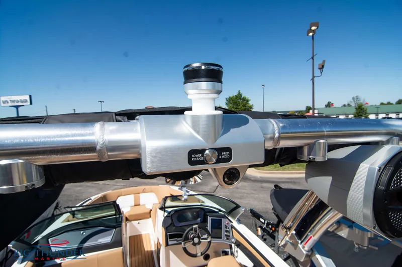 Slide: The Image of 2023 MasterCraft X24 boat dashboard and control panel close-up. - 48