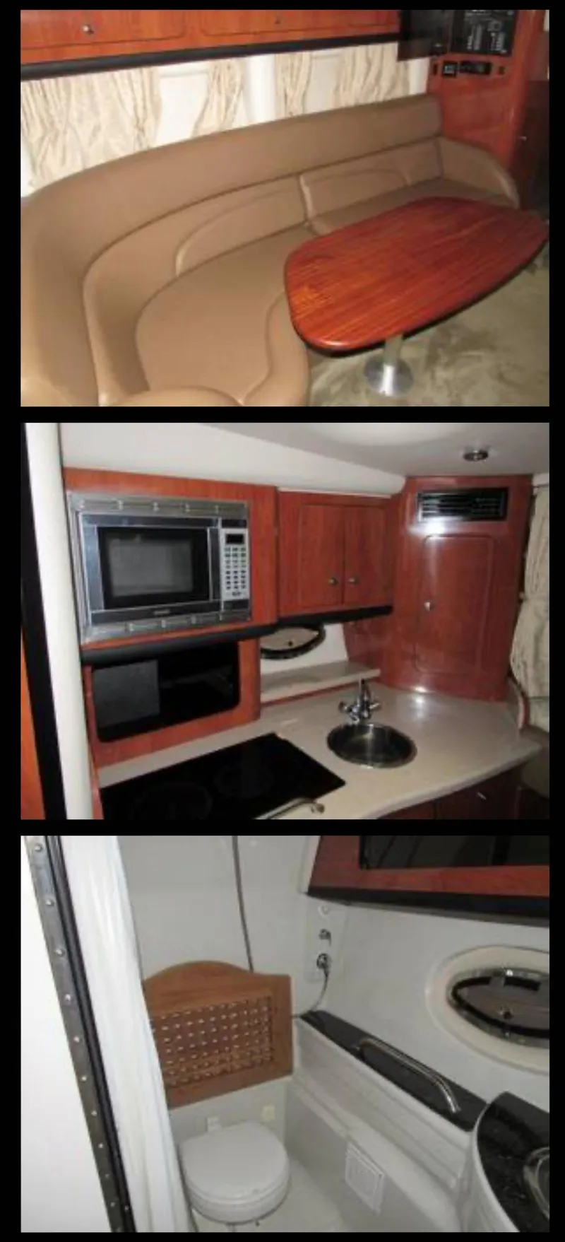 Slide: The Image of 2007 Crownline 340 CR interior with seating area, kitchen, and bathroom. - 3
