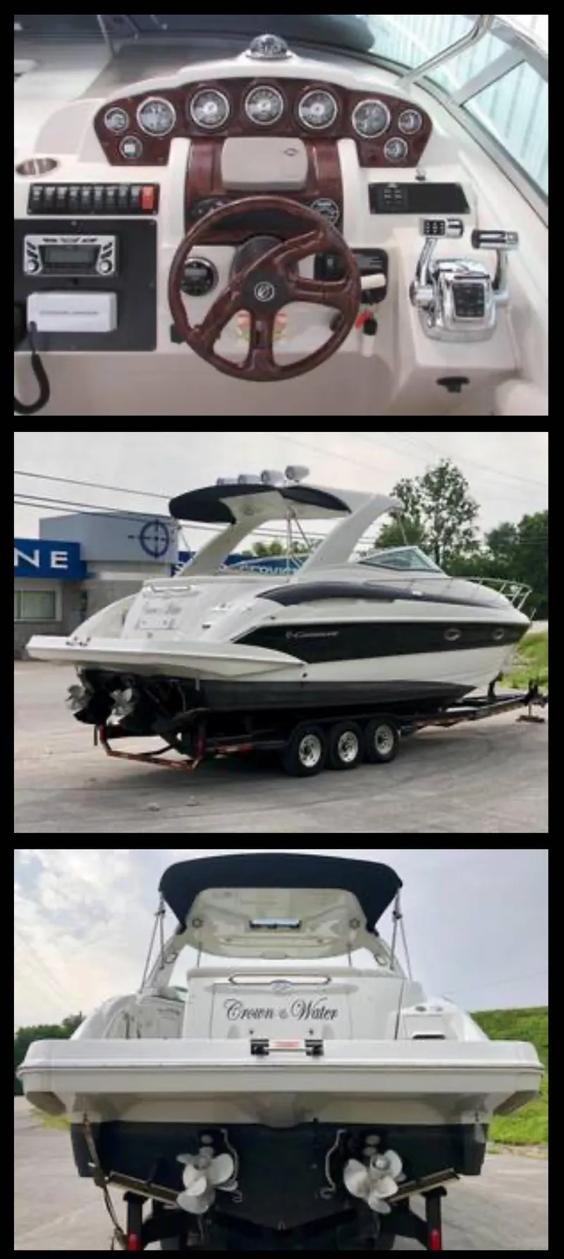 Slide: The Image of 2007 Crownline 340 CR boat dashboard, side view, and rear view. - 6