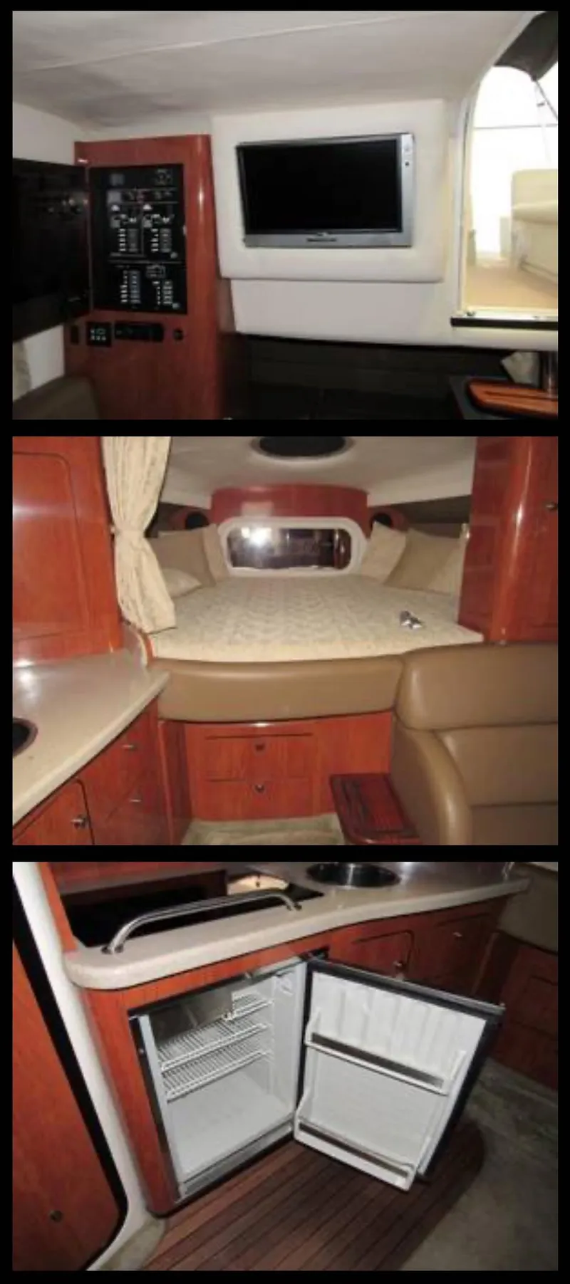 Slide: The Image of Interior of a 2007 Crownline 340 CR boat with TV, bed, and kitchenette. - 9