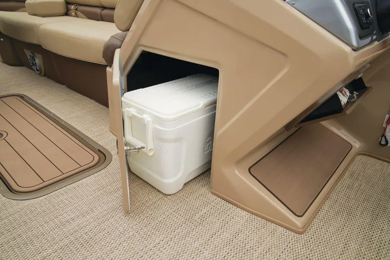 Slide: The Image of 2024 Regency 250 DL3 boat interior with built-in cooler storage. - 29
