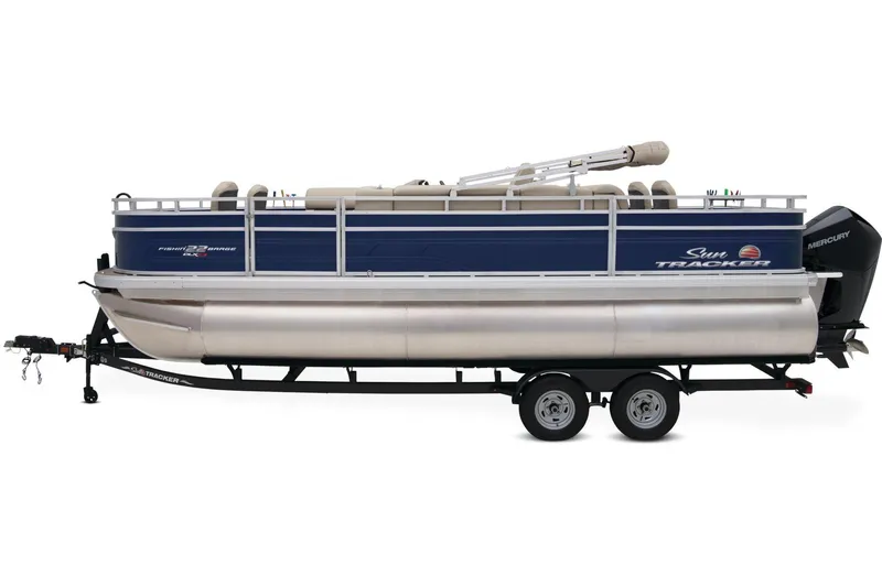 Slide: The Image of 2024 Sun Tracker Fishin' Barge 22 XP3 pontoon boat on trailer. - 11