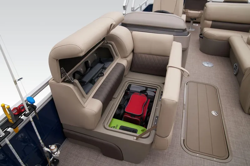 Slide: The Image of 2024 Sun Tracker Fishin' Barge 22 XP3 storage compartments and seating area - 32