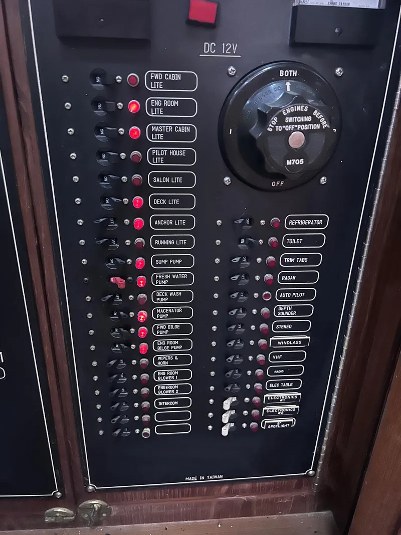 Slide: The Image of Control panel of a 1989 MedYacht Morocco with labeled switches and dials. - 35