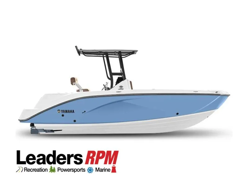 Slide: The Image of 2024 Yamaha Boats 222 FSH Sport, blue and white, side view, Leaders RPM logo. - 14