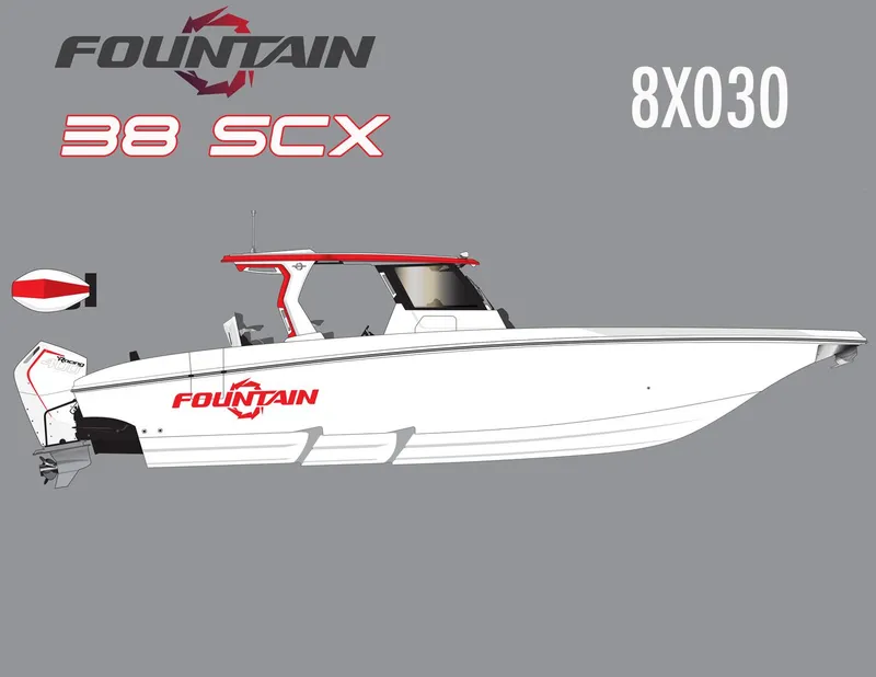 Slide: The Image of 2024 Fountain 38 SCX boat side view illustration with logo and model name. - 0