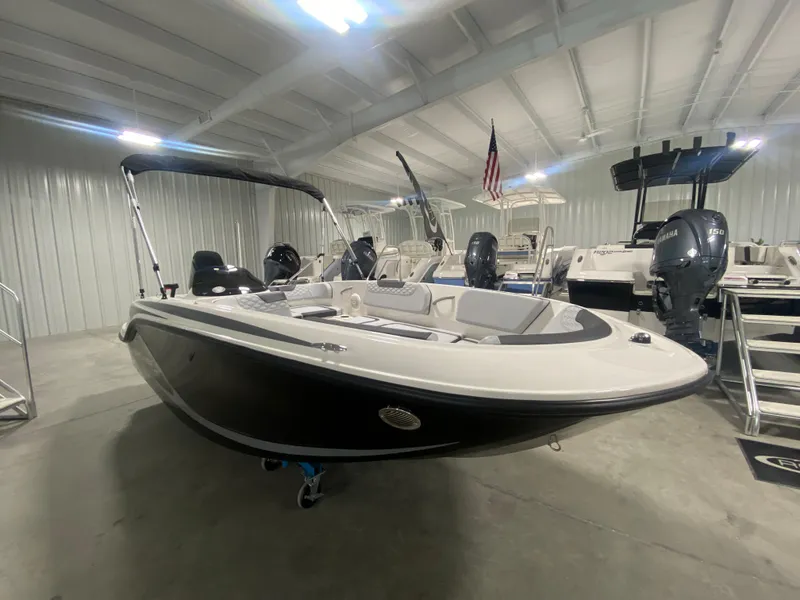 Slide: The Image of 2024 Bayliner Element M15 boat in showroom, black and white exterior. - 2