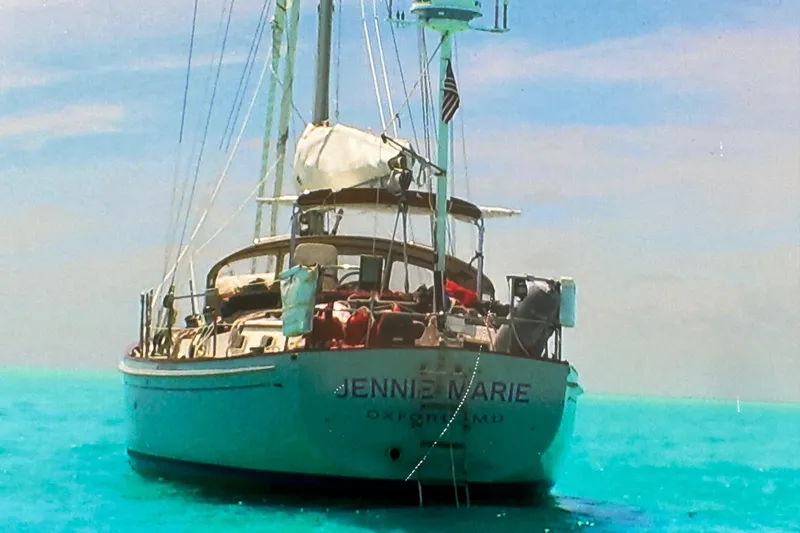 Slide: The Image of Sailboat "Jennie Marie" on turquoise water, Brewer 42 Center Cockpit, 1983 model. - 33