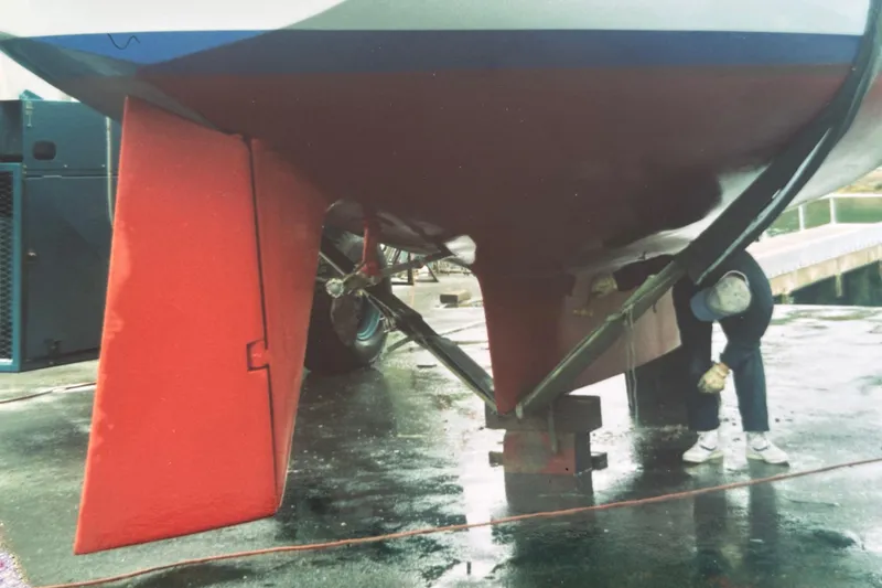 Slide: The Image of 1983 Brewer 42 Center Cockpit sailboat hull inspection on wet dock. - 35