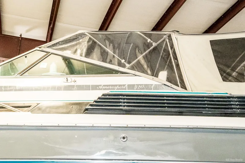 Slide: The Image of 1987 Chris-Craft 320 Amerosport Express boat in storage. - 33