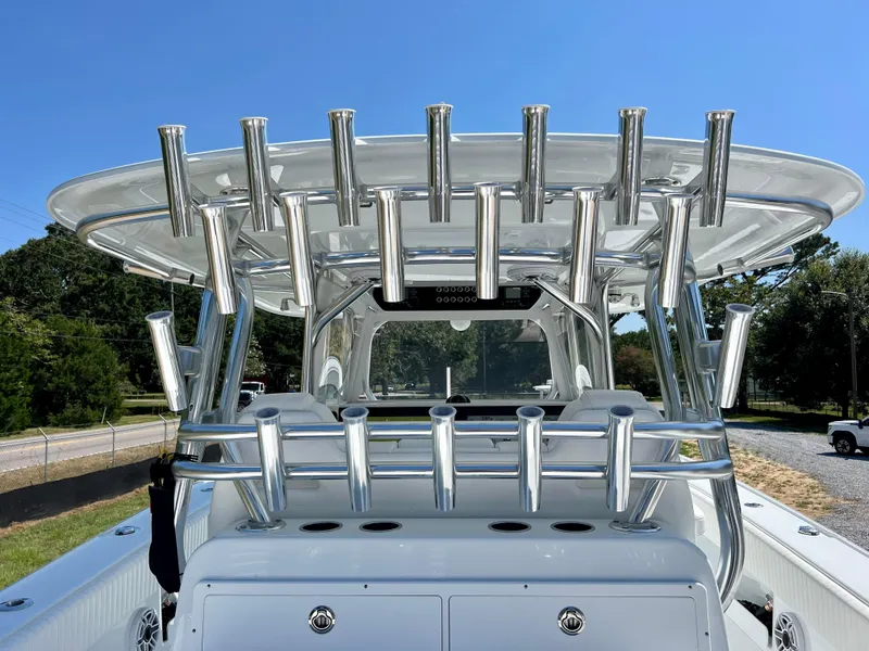 Slide: The Image of Freeman 37VH 2021 boat with multiple rod holders, viewed from the rear deck. - 24