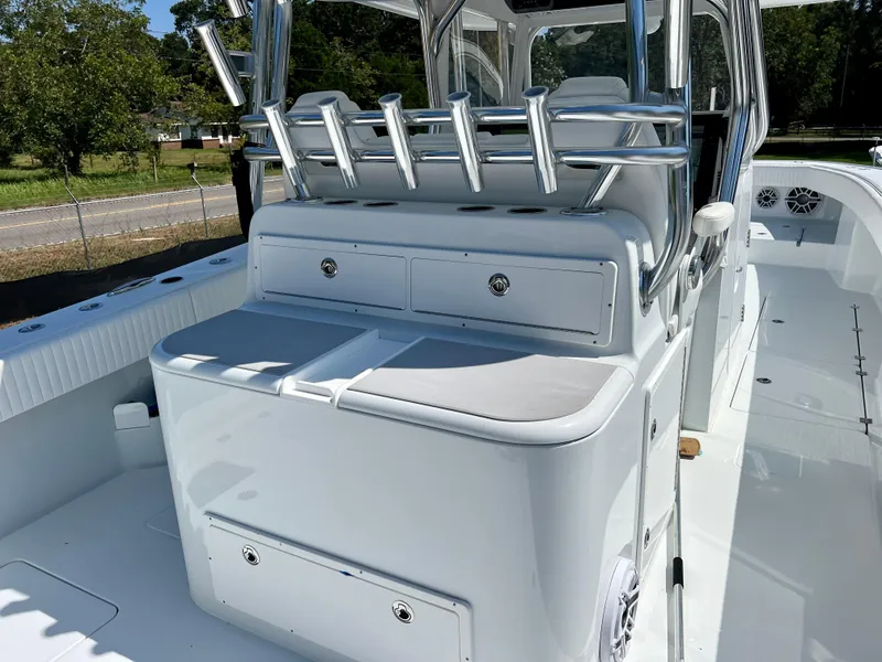 Slide: The Image of Freeman 37VH 2021 boat interior with rod holders and storage compartments. - 28