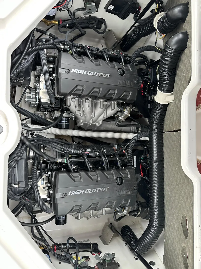 Slide: The Image of 2020 Yamaha 212X jet boat engine compartment with high output engines. - 24