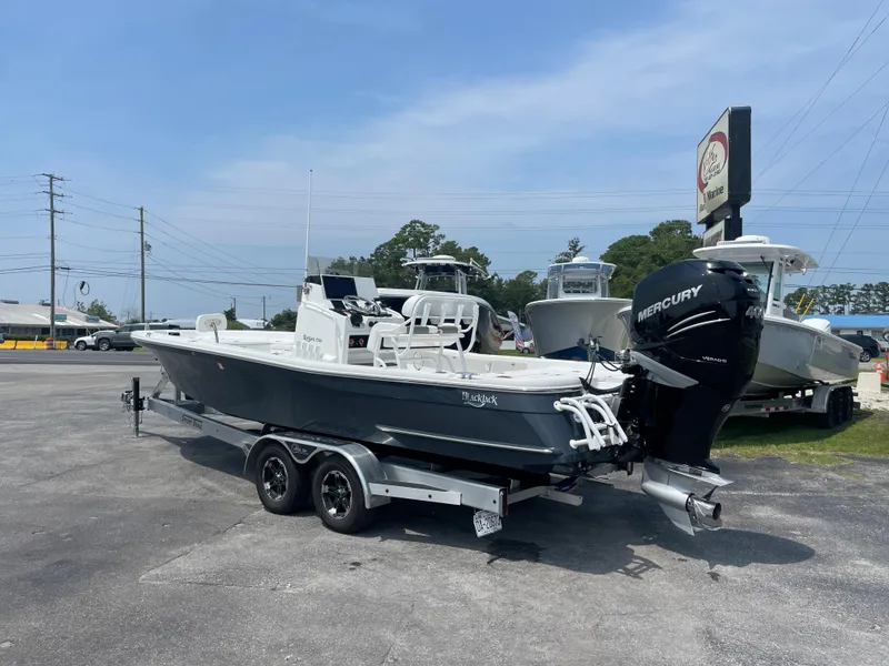 Slide: The Image of 2023 BlackJack 256 Bay boat on trailer with Mercury outboard motor. - 3