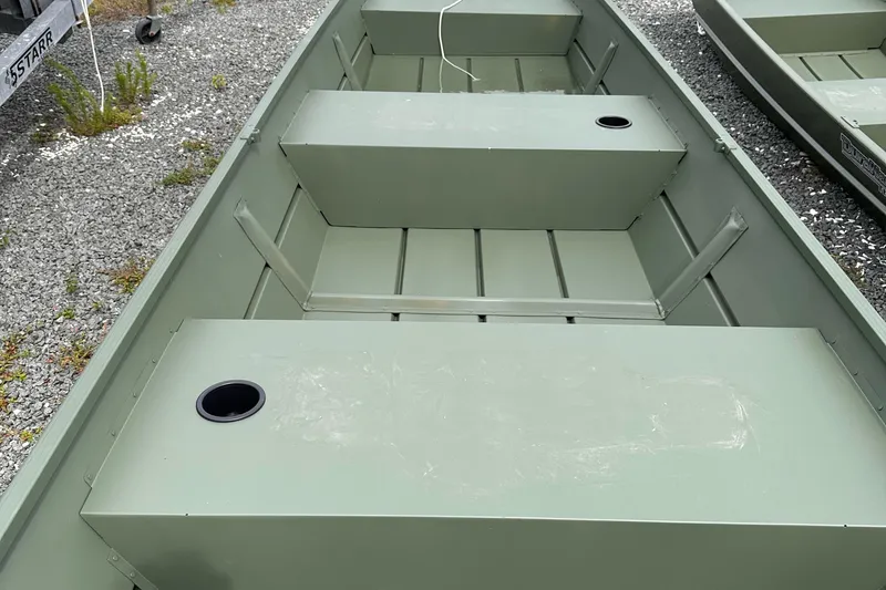 Slide: The Image of 2024 Duranautic Duke 1436 aluminum boat, interior view with bench seats. - 1