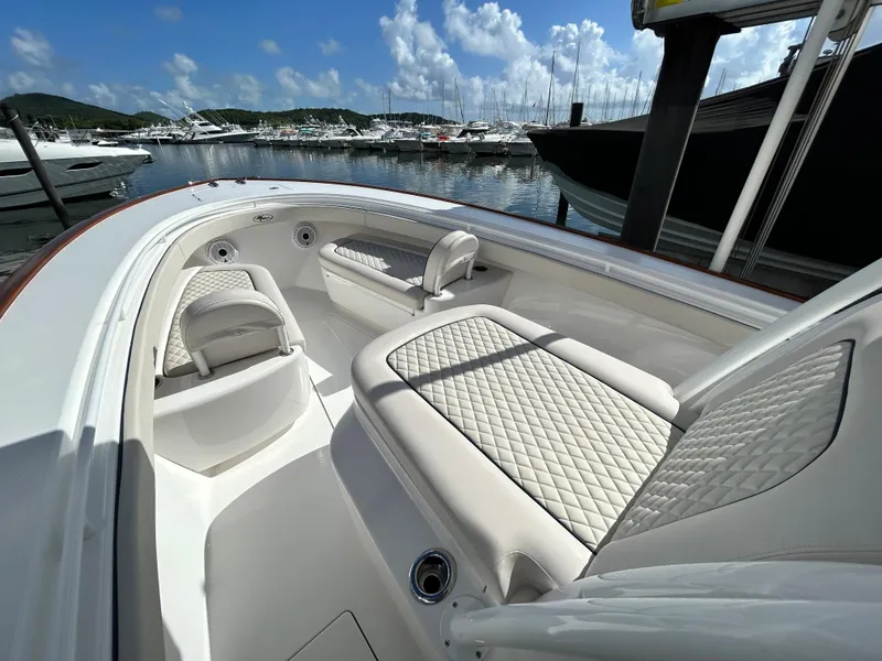 Slide: The Image of 2022 Valhalla V-33 boat interior with luxurious seating at marina. - 5