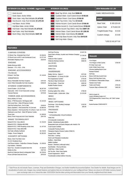 Slide: The Image of 2024 Malibu 23 LSV boat specifications and features list with pricing details. - 15