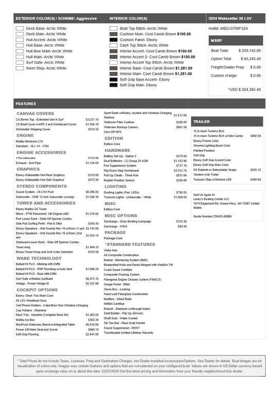 Slide: The Image of 2024 Malibu 26 LSV boat specifications and pricing details sheet. - 13