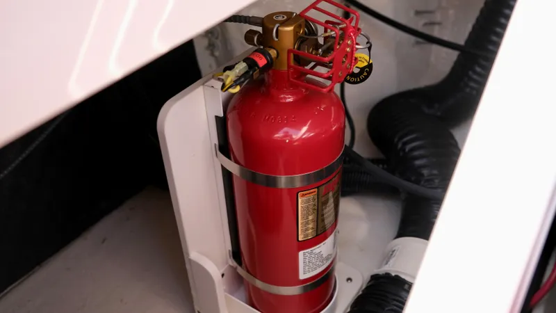 Slide: The Image of Fire extinguisher in 2021 Chaparral 30 Surf boat engine compartment. - 18