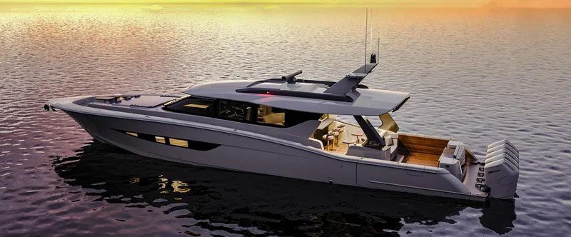 Slide: The Image of Luxurious 2025 Scout 67 LX yacht cruising at sunset on calm waters. - 2