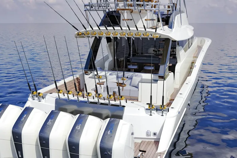 Slide: The Image of 2025 Scout 67 LX yacht with multiple fishing rods and powerful engines on open water. - 4