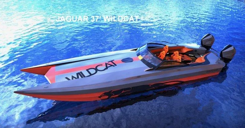 Slide: The Image of 2024 Jaguar 37 Wildcat speedboat on blue water. - 3